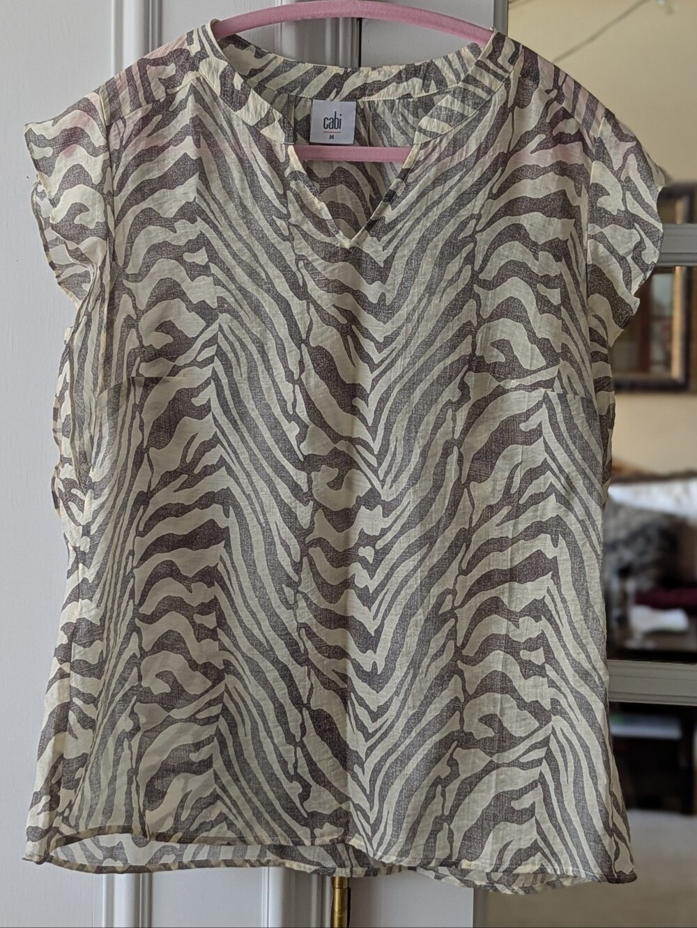 Cabi Ivory and Grey Zebra Print V-Neck Flutter Sleeve Blouse  #1767